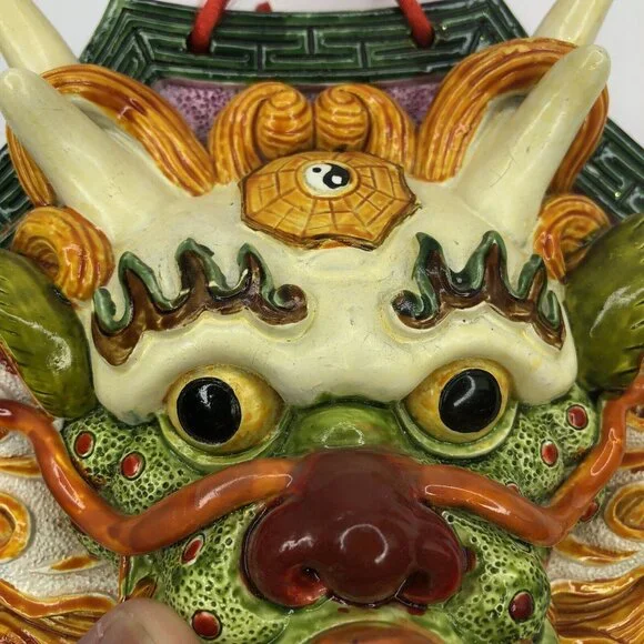 Chinese Yin Yang Dragon Hanging Plaque Pottery Red Tassels Guardian Feng Shui